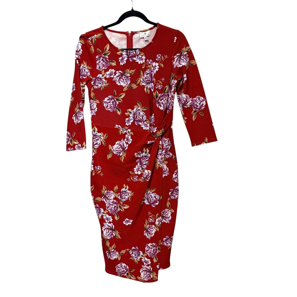 Socialite Red Floral Side Twist Midi Dress 3/4 Sleeve Sheath Size S